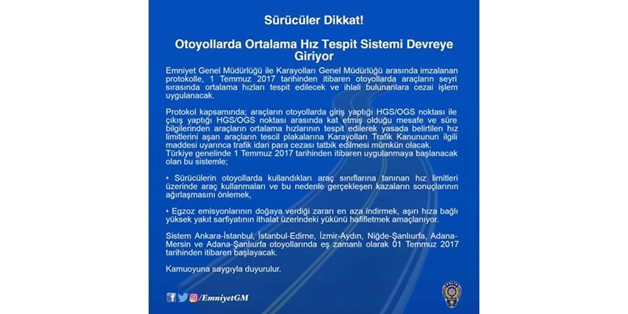 Otoyollarda Ortalama Hız Tespit Sistemi Devreye Giriyor 